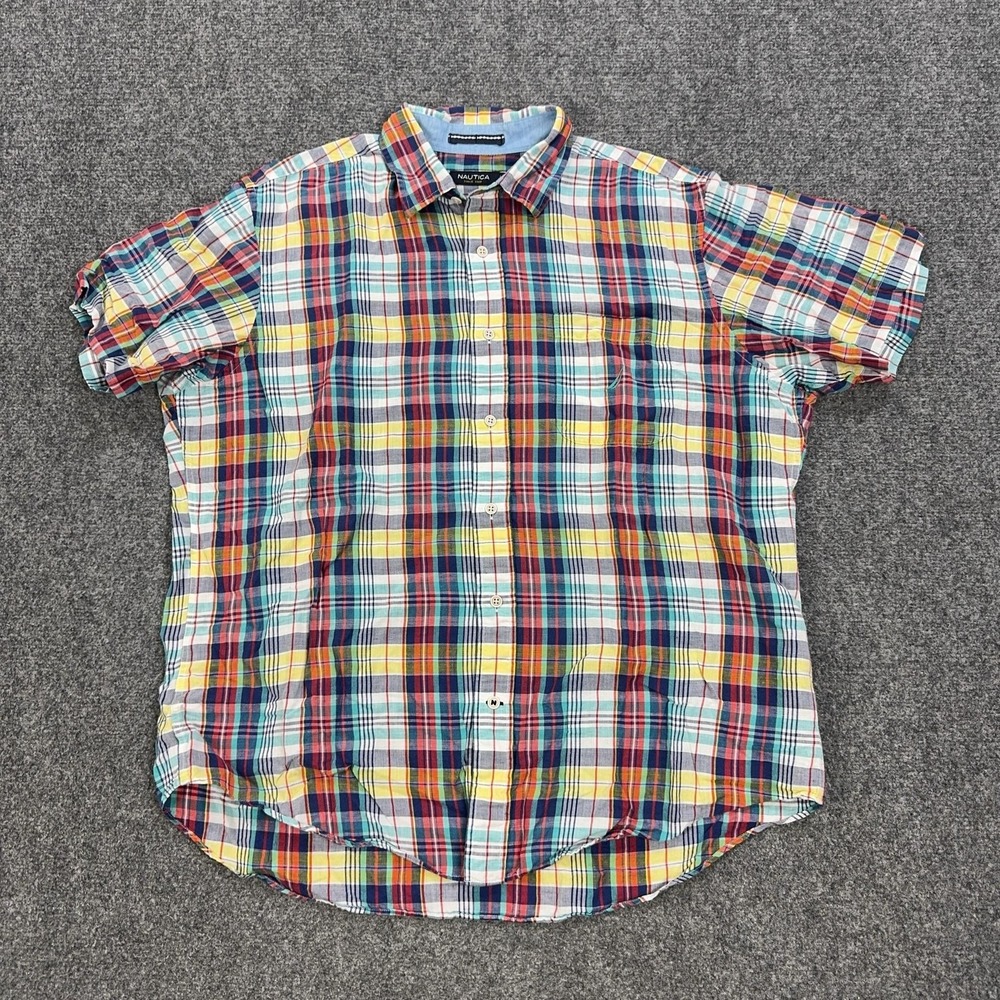 Nautica Shirt‎ Mens L Multicolor Plaid Linen Short Sleeve Button Front Casual
